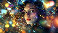Young woman with red lips gazing upward amid swirling lights, colorful bokeh effects and glowing energy streams creating magical atmospheric portrait.