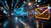 Glowing neon email envelope icons floating in dark space with blue and gold bokeh lights creating digital communication concept for marketing background.