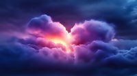 Dramatic sunset sky with glowing pink and purple clouds creating ethereal atmosphere. Vibrant colors illuminate stormy cloudscape in mystical evening light.