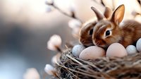 Adorable brown bunny rabbit sitting in wicker nest with speckled eggs and pussy willow branches for Easter spring holiday celebration and seasonal decor.