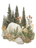 Watercolor garden composition with evergreen trees, boulders, and wildflowers in peach and cream tones against white background, botanical art style for nature decor.