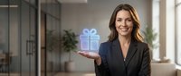 Woman in dark blazer holding glowing gift box icon in modern office with plants, representing corporate rewards, loyalty programs, and business incentives.