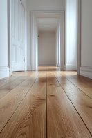Empty white corridor with natural light oak wooden flooring, classic molding and doorways in modern minimalist interior design style.