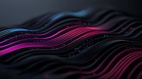 Flowing abstract waves in dark background with glowing pink and blue neon lines creating dynamic motion effect, suitable for tech and modern designs.