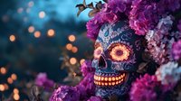 Ornate sugar skull decorated with blue patterns and glowing orange eyes amid pink bougainvillea flowers against blurred bokeh lights, Day of Dead celebration.