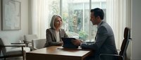 Professional business meeting between confident blonde woman and Asian businessman discussing documents in modern bright office with large windows.