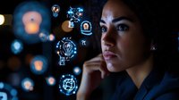 Young Hispanic woman analyzing digital technology interface with glowing blue icons, contemplative side profile against dark background with bokeh lights.