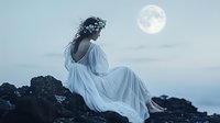 Young Asian woman in flowing white dress sits on rocky cliff edge under full moon, creating dreamy atmospheric scene in blue tones. Romantic fantasy concept.