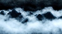 Dramatic mountain peaks emerging through dense white clouds against dark sky, creating mysterious atmospheric landscape for nature and adventure backgrounds.