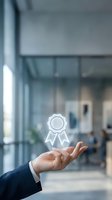 Businessman hand presenting floating award medal icon in modern office environment representing achievement recognition and business success.