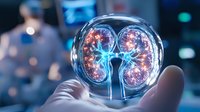 Glowing holographic kidneys in glass sphere held by medical professional, showcasing innovative healthcare technology and organ visualization for medical presentations.