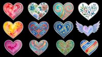 Decorative heart shapes with floral, watercolor, and ornamental patterns isolated on transparent background. Ready for t-shirt designs, clipart, stickers, sublimation, print-on-demand products, and digital crafts.