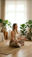 Young Caucasian woman practicing meditation in peaceful living room with houseplants and natural light streaming through window for mindfulness wellness.
