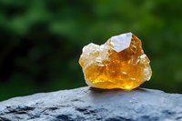 Raw honey colored citrine crystal cluster on dark stone against green natural background, showcasing natural mineral formation and transparency.