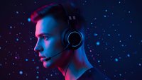 Young Caucasian male gamer with headset in neon lighting against starry space background for gaming and esports content.