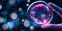 Magical glowing sphere with pink sparkles and stars held against dark background with bokeh lights, creating mystical atmospheric effect.
