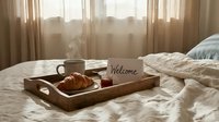Wooden breakfast tray on bed with croissant, steaming coffee, jam jar, and welcome card in cozy sunlit bedroom with sheer curtains.