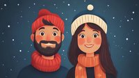 Cheerful couple in winter knit wear against starry night sky with full moon. Young woman with long dark hair and bearded man wearing cozy hats and scarves smiling.