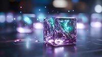 Glowing ice cube with purple and turquoise light effects on dark reflective surface against blurred bokeh background creates magical atmosphere.