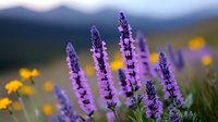Purple lupine flowers with yellow wildflowers blooming in meadow landscape. Suitable for nature, gardening, botanical, and seasonal design projects.