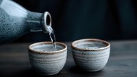 Pouring sake into traditional ceramic cups against dark background, dramatic lighting highlights white glazed pottery and flowing liquid in moody atmosphere.