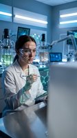 Female scientist in white lab coat using holographic display technology in modern laboratory with safety goggles and advanced equipment for research work.