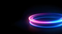 Glowing neon light trails forming circular rings in pink and blue colors against dark background, creating dynamic motion effect with space for text.