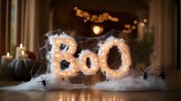 Spooky illuminated BOO letters with cobwebs, black spiders and candles creating haunting Halloween atmosphere against dark background with bokeh lights.