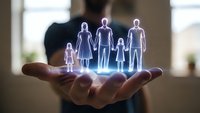 Glowing holographic family silhouettes floating above protective cupped hands representing life insurance, family protection and security concepts.