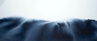 Abstract watercolor landscape with deep blue mountain silhouettes and soft misty atmosphere on white background for modern interior design and wall art.