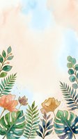 Watercolor botanical frame with tropical leaves and pastel flowers on soft peach and blue background, perfect for cards and social media.