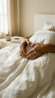 Peaceful morning scene with hands resting on white linen bedding in sunlit bedroom with coffee cup on nightstand creating serene atmosphere.