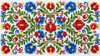 Traditional folk art floral embroidery pattern with colorful flowers and ornate decorative elements on white background for textile design projects.