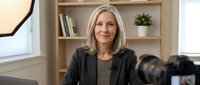 Middle-aged woman with shoulder-length blonde hair, Caucasian ethnicity, wearing dark blazer over striped top, seated in modern office setting with wooden shelving, potted plant, and professional camera visible, suitable for corporate, business, and media content.