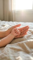 Tender moment of parent holding baby hand on bed with soft morning light streaming through window creating warm intimate family bonding scene.