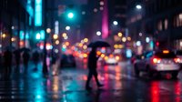 Blurred silhouette of person walking on wet city street at night with colorful neon lights and traffic creating atmospheric urban bokeh background.