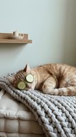 Orange tabby cat relaxing with cucumber slices on eyes during spa treatment on chunky knit blanket in minimalist home interior for wellness and self-care.