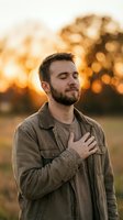 Man with hand on chest at sunset in rural field wearing casual denim shirt, eyes closed in peaceful moment, outdoor portrait for wellness and lifestyle content.