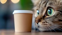 Close up portrait of curious tabby cat with bright green eyes looking at takeaway coffee cup against blurred background with bokeh lights.