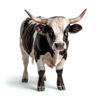 Black and white spotted cow with horns standing on white isolated background, front view. Farm animal character for agricultural and dairy designs.