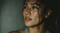 Young Asian woman with wet hair and dewy skin in moody lighting for beauty and wellness concepts.