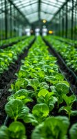 Fresh green lettuce seedlings growing in organized rows inside modern greenhouse with natural lighting and sustainable farming practices for organic agriculture.
