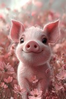 Adorable pink piglet with expressive eyes peering through cosmos flowers in soft pink tones, creating a whimsical and enchanting garden scene.