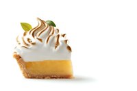Slice of lemon meringue pie with toasted swirled peaks, golden custard filling, and buttery crust on white background, garnished with citrus leaves.