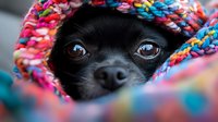 Close-up portrait of black Chihuahua dog wearing colorful knitted hat. Cute pet eyes peeking through warm winter accessory with pink and blue yarn details.