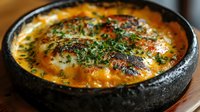 Creamy baked eggs in black ceramic bowl with melted cheese, fresh herbs and spices. Golden brown crust on top creates appetizing texture for breakfast or brunch menu.