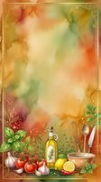 Watercolor cooking background with fresh vegetables, herbs, olive oil bottle, and kitchen utensils arranged at bottom, warm autumn tones blending across center space for recipe cards and culinary designs.