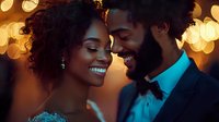 Happy African American couple in formal attire sharing intimate moment with warm bokeh lights background for wedding, anniversary celebration concepts.