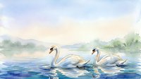 Two white swans glide gracefully across calm blue water with misty green landscape and soft sky in background. Watercolor painting style.