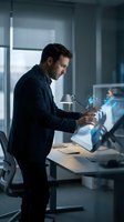 Professional businessman using futuristic holographic interface technology in modern office environment for digital innovation and data analysis.